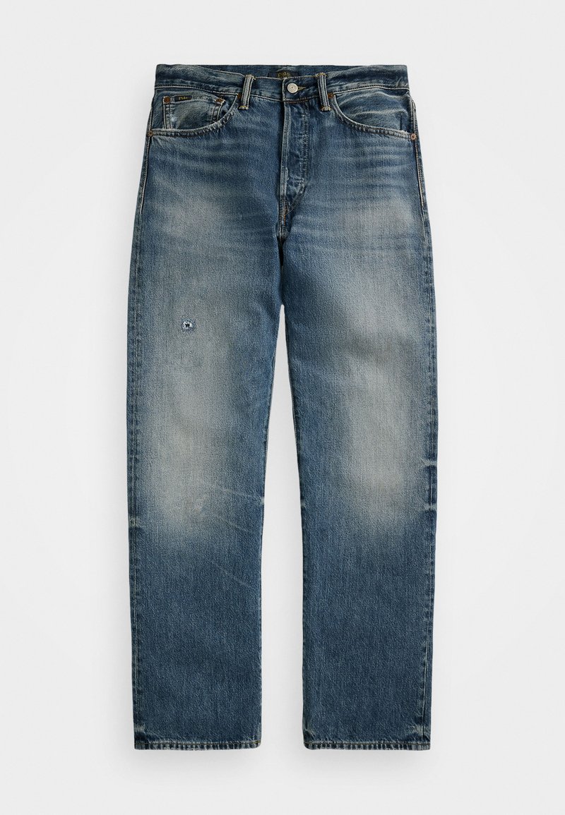 Light blue denim jeans with a relaxed fit, distressed areas, and five pockets. Features a button fly and metallic accents on the hardware.