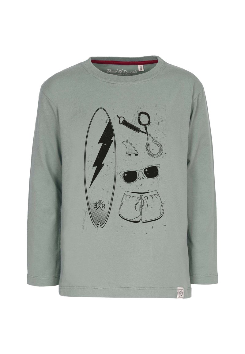 Helles grünes Langarm-T-Shirt mit schwarzen Surf-Motiven, darunter ein Surfbrett, Sonnenbrille und Shorts. Aus weichem Stoff gefertigt.