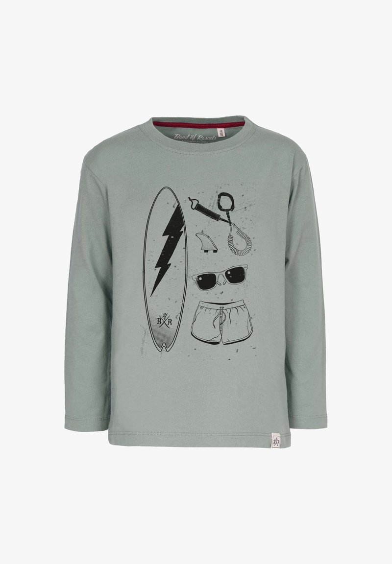 Helles grünes Langarm-T-Shirt mit schwarzen Surf-Motiven, darunter ein Surfbrett, Sonnenbrille und Shorts. Aus weichem Stoff gefertigt.
