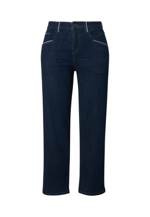 Dunkelblaue Jeanshose mit geradem Schnitt, fünf Taschen, kontrastierenden Nähten und einem Knopfverschluss an der Taille.