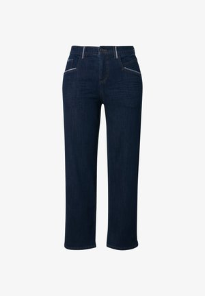 Mørkeblå denimbukser med lige pasform, fem lommer, kontraststing og en knaplukning i taljen.