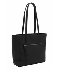 Sac fourre-tout noir en matériau texturé. Il présente deux longues poignées, une poche frontale zippée et une forme structurée et rectangulaire.