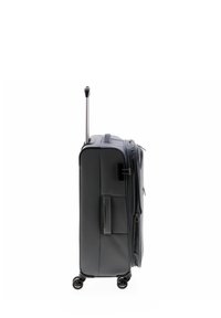 Maleta gris con ruedas, asa retráctil, tejido resistente, asa lateral y detalles de cremallera, con ruedas suaves y multidireccionales.