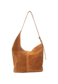 Bolso de ante en color marrón claro con una forma grande y flexible. Cuenta con una bandolera y un detalle de costura sutil en la parte frontal.