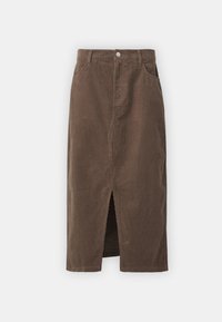 Brown corduroy midi skirt with front slit, waistband with button closure, two front pockets, and vertical ribbed texture.