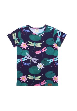 Children’s navy blue short-sleeve shirt with colorful dragonflies, green lily pads, and pink and white water lilies pattern.