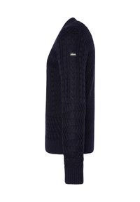 Marineblauer Kabelstrickpullover mit strukturierten Mustern, Rundhalsausschnitt und gerippten Bündchen. Hergestellt aus einem weichen Strickmaterial für zusätzliche Wärme.