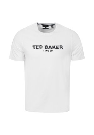 Camiseta blanca de algodón de manga corta con "TED BAKER LONDON" impreso en texto negro en el pecho, cuello redondo y ajuste regular.