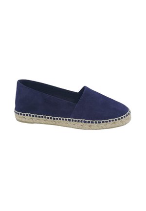 Espadrille azul de ante con punta redonda, lados elastizados y suela de cuerda de yute. Textura suave y diseño minimalista.