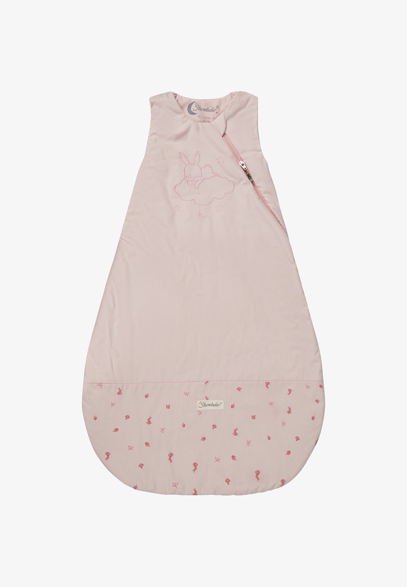 Hellrosa Schlafsack mit einem Design von einem Hasen-Wolke, ausgestattet mit einem seitlichen Reißverschluss und einem unteren Abschnitt mit floralem Muster. Glatte Stoffstruktur.