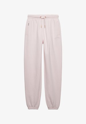 Pantalones deportivos de color rosa claro con cintura y puños elásticos, cordón frontal y bolsillos laterales.