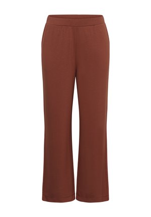 Pantalon marron à jambes larges avec taille élastique, tissu lisse, sans poches visibles ni ornements.