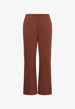 Pantaloni maro cu picioare largi, talie elastică, material neted, fără buzunare sau decorațiuni vizibile.