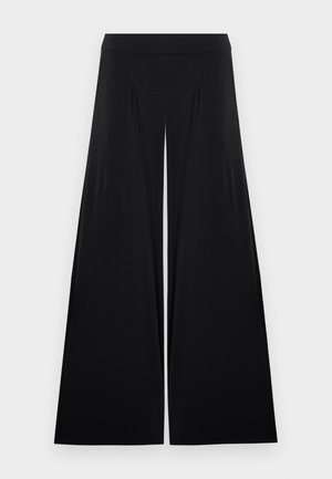 Black high-waist wide-leg pants with subtle front pleats, made from soft flowing fabric, displayed against a white background.