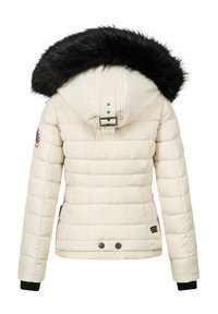 Cremfarbener Puffer-Jacke mit einem gefütterten Kapuzenrand, gesteppter Optik, zwei Knöpfen an der Taille und gerippten Manschetten. Mit einem Logo-Aufnäher am Ärmel.