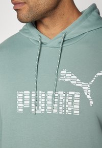 Felpa verde menta con un grande logo bianco "PUMA" caratterizzato da un design a motivi e una silhouette di puma. I lacci hanno una sottile texture.