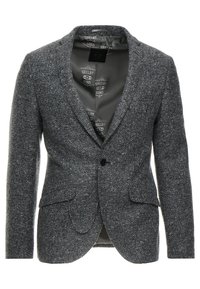 Blazer grigio con motivo a spina di pesce, con rever a sbieco, chiusura con un bottone e due tasche frontali. Fodera in tessuto con logo.