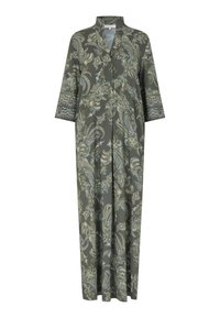Lange, olijfgroene jurk met een bloemen-paisleypatroon, een mandarikraag en driekwartmouwen. Lichtgewicht stof, vloeiende silhouet.