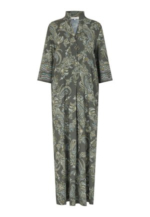 Lang, olivengrøn kjole med blomstret paisley mønster, mandarin krave og tre kvarters ærmer. Letvægtsstof, og en løs silhuet.