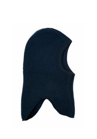 Marineblaue Fleece-Balaclava mit abgerundetem oberen Teil und Gesichtsausschnitt. Verfügt über geschwungene Kanten und einen gerippten Strickrand um die Öffnung. Sanfte Textur.