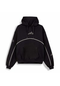 Sudadera negra de mezcla de algodón, con un bolsillo canguro, detalles en blanco y un gráfico de llamas bordado en el pecho.