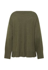 Green knitted sweater with a relaxed fit, wide neck, long sleeves, and side slits at the hem. Soft texture and lightweight material.