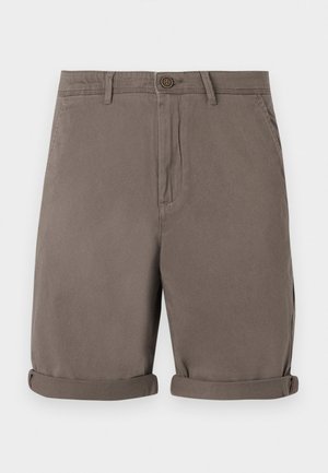 Bruine katoenen shorts met een recht snit, voorzien van een knoopsluiting en opgerolde mouwen. Glad textuur, geen zichtbare patronen of accenten.