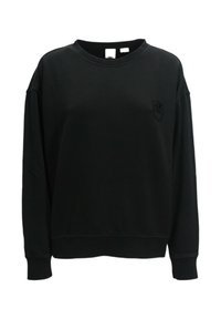 Felpa nera con maniche lunghe, collo rotondo e polsini a costine. Presenta un logo in rilievo sul petto e una texture del tessuto liscia.
