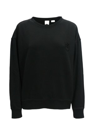 Felpa nera con maniche lunghe, collo rotondo e polsini a costine. Presenta un logo in rilievo sul petto e una texture del tessuto liscia.