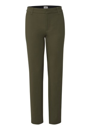 Pantalon ajusté vert olive avec une coupe droite, doté de passants de ceinture, d'une braguette zippée et sans poches visibles. Tissu lisse et texturé.