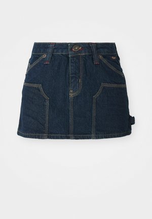 Denim skirt with a dark blue color, featuring five pockets, tonal stitching, a front button closure, and a frayed hem on one side.