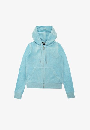 Felpa chiusa leggera di colore blu chiaro con tasca a marsupio, cappuccio con cordino e polsini a coste. Realizzata in tessuto morbido e testurizzato con una finitura liscia.