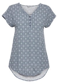 Blouse à manches courtes, bleu marine avec un motif, col en V et trois boutons. Présente un ourlet courbé et des motifs floraux blancs détaillés.