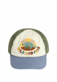 Mütze mit khakifarbenem Kopfteil, blauem Schirm; zeigt ein mehrfarbig besticktes Design eines Stegosaurus und den Text „WILD AND FREE“. Aus Baumwollmaterial.