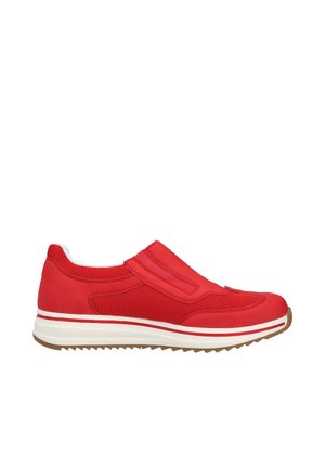 Red slip-on sneaker with mesh panels, white cushioned sole, and ridged brown outsole, shown in side profile on white background.