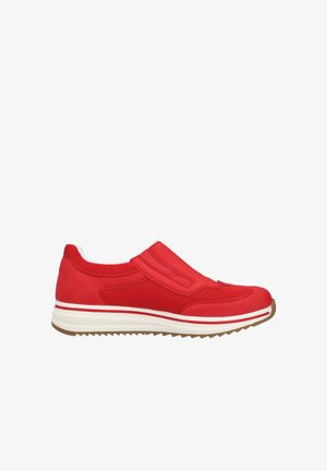 Red slip-on sneaker with mesh panels, white cushioned sole, and ridged brown outsole, shown in side profile on white background.