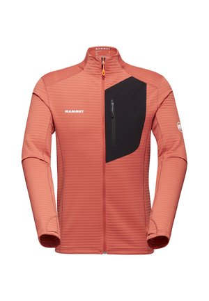 Pink striped jacket with a black panel, standing collar, full front zip, and a zippered chest pocket. Made from stretchy fabric.