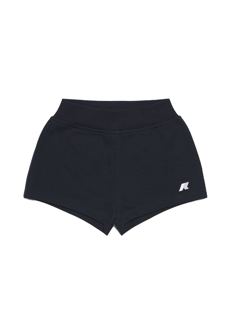 Pantaloni sportivi neri con un alto elastico in vita, caratterizzati da una texture liscia e un piccolo logo bianco sul lato sinistro in basso.