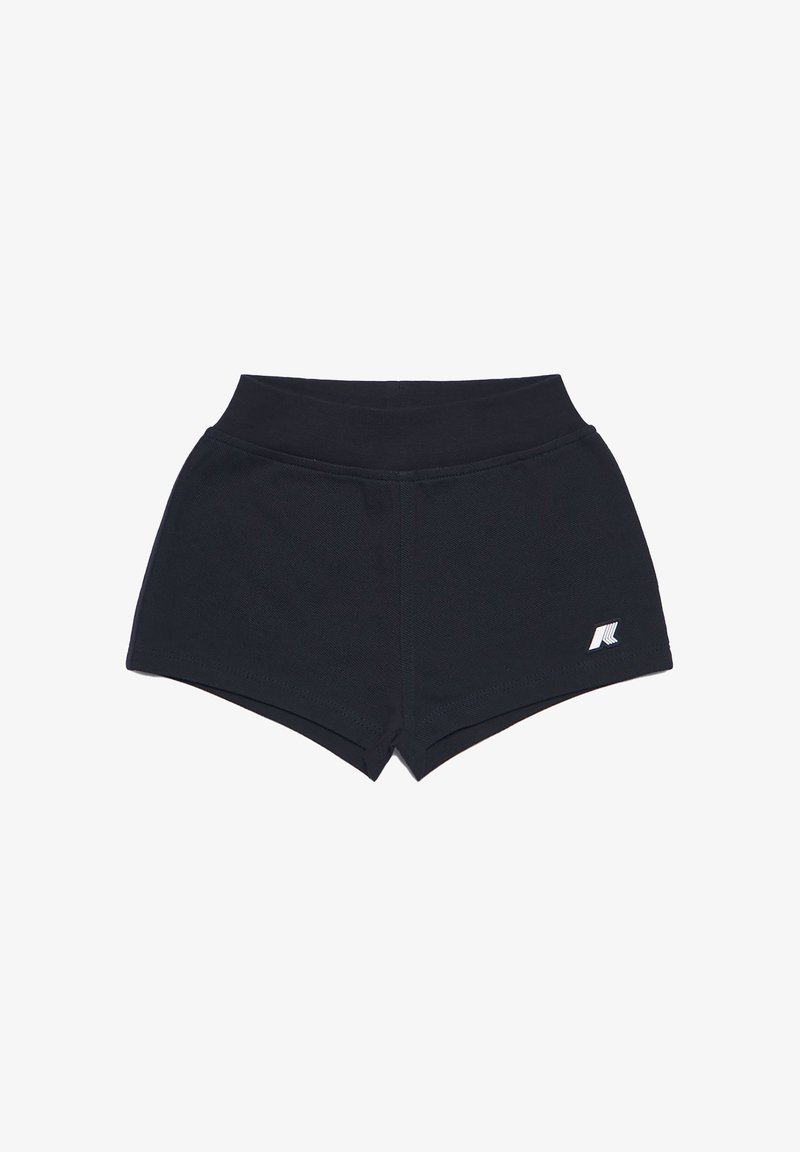 Pantaloni sportivi neri con un alto elastico in vita, caratterizzati da una texture liscia e un piccolo logo bianco sul lato sinistro in basso.