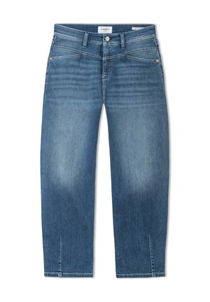 Blaue Denim-Jeans mit Fronttaschen, Gürtelschlaufen, Knopfverschluss, dezentem Verblassen an den Oberschenkeln und kurzen seitlichen Schlitzen am Saum.