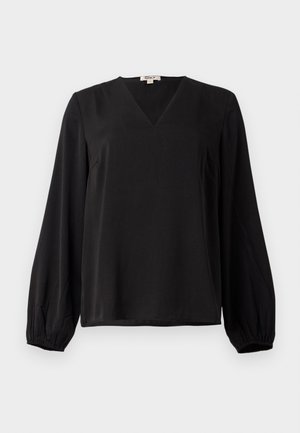 Black long-sleeve blouse with V-neck and elasticated cuffs, made of smooth fabric, displayed on a plain white background.