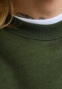 Olijfgroen sweatshirt met een geribde kraag, gestructureerde stof en een gelaagde witte halslijn. Close-up van de halslijn en het bovenste borstgedeelte.