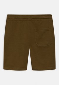 Braune Baumwollshorts mit einem elastischen Bund, Seitentasche und glatter Textur. Einfaches Design mit klaren Linien und geradem Saum.