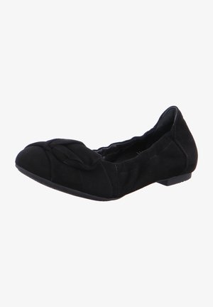 Chaussure de ballet plate noire en tissu souple, avec bords élastiqués, bout arrondi et un nœud décoratif sur le dessus.