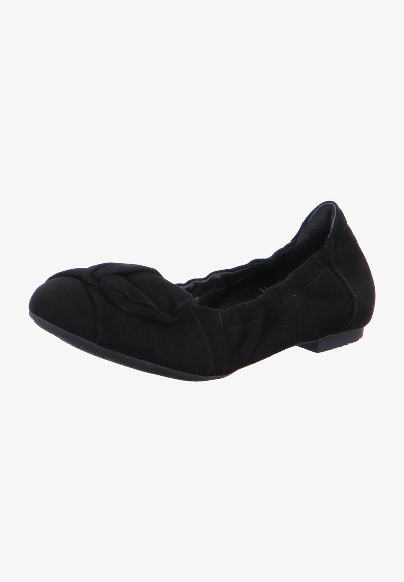 Chaussure de ballet plate noire en tissu souple, avec bords élastiqués, bout arrondi et un nœud décoratif sur le dessus.