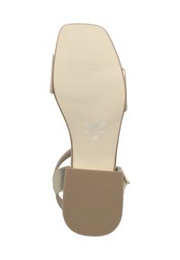 Beige high-heeled sandal with a smooth metallic strap and a textured rubber sole. Label states "Made in Italy," size 36.