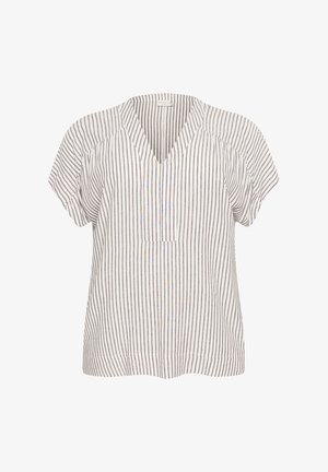 Valge särk, millel on vertikaalsed hallid ja sinised triibud, lühikesed varrukad, V-kaelus ja väike esikott; kerge kangas, lõdva istuvusega.