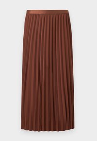 Καφέ midi μήκους φούστα με πιέτες και ελαστική μέση, κρεμασμένη επίπεδη πάνω σε λευκό φόντο.