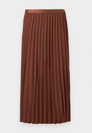 Jupe plissée marron mi-longue avec taille élastique, suspendue à plat sur un fond blanc.