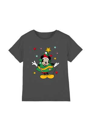 Gray short-sleeve t-shirt featuring a cartoon character dressed as a Christmas tree, with colorful stars and accents in red, green, and yellow.